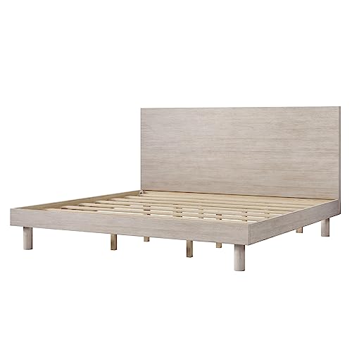 Stone Gray Solid Wood King Bed Frame with Headboard and Wooden Slats by Harper & Bright Designs - WoodArtSupply