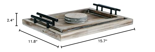 Decorative Ottoman Serving Tray Wooden Rustic (Set of 2), Rustic Brown | Black Sleek Metal Handles | 4 Matching Coasters | Coffee Table Decor | Serving Kitchen Platter | for All Occasions