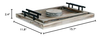 Decorative Ottoman Serving Tray Wooden Rustic (Set of 2), Rustic Brown | Black Sleek Metal Handles | 4 Matching Coasters | Coffee Table Decor | Serving Kitchen Platter | for All Occasions