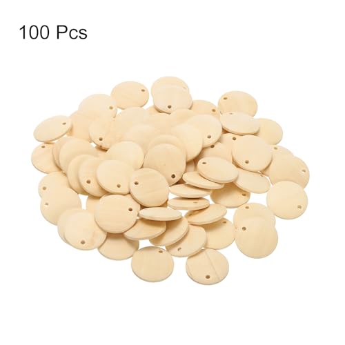 uxcell Round Wooden Discs, 100Pcs 20mm - Log Unfinished Wood Circles with Holes, Wood Ornaments for Crafts, DIY Jewelry Accessories, Birthday Board Tags