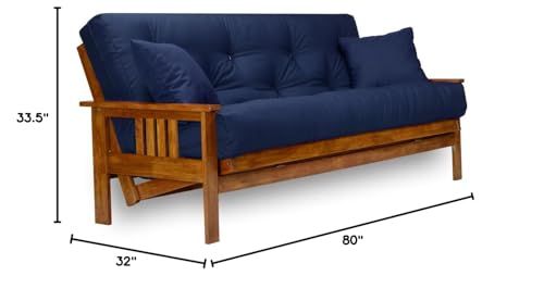 Nirvana Futons Stanford Futon Set - Full Size Futon Frame with Mattress Included (8 Inch Thick Mattress, Twill Navy Blue Color), Heavy Duty Wood, Popular Sofa Bed Choice