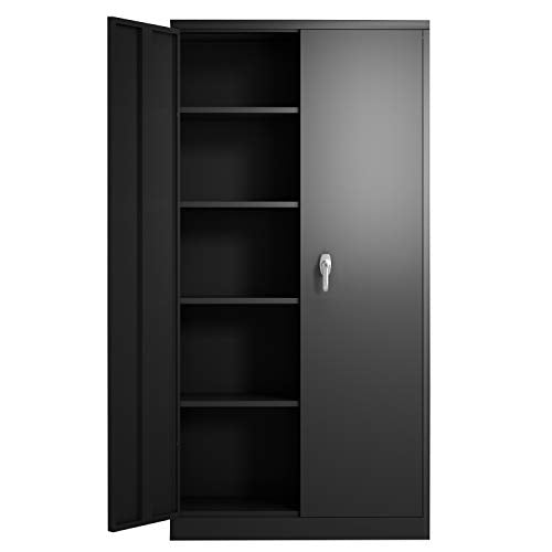 Generic Metal Storage Cabinet,Steel Storage Cabinet with 2 Doors and 4 Adjustable Shelves,Black Metal Cabinet with Lock,72"" Tall Steel - WoodArtSupply