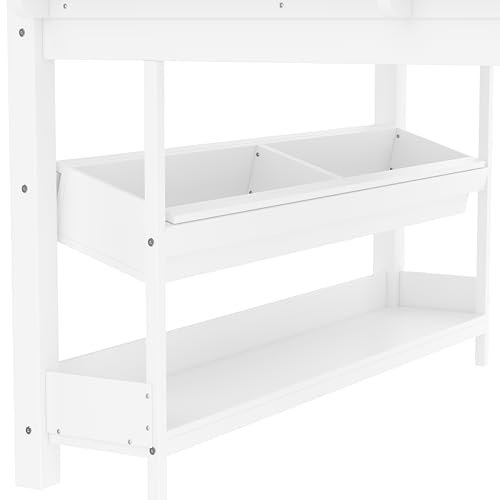 Bellemave Full Loft Bed with Storage Boxes and Bookshelves, Solid Wood Kids Loft Bed with Desk and Blackboard, Low Loft Beds Frame for Kids, Girls, Boys, Childlike Design, White Bellemave