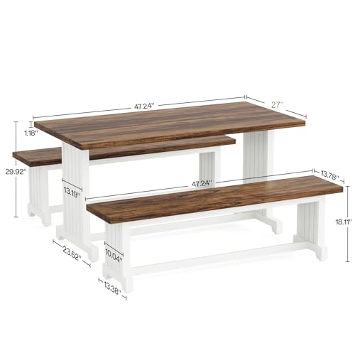 Tribesigns 47-Inch Small Dining Table Set for 2, 3-Piece Kitchen Table with 2 Benches, Farmhouse Wood Dinner Furniture for Narrow Space, Apartment, White & Rustic Brown Tribesigns