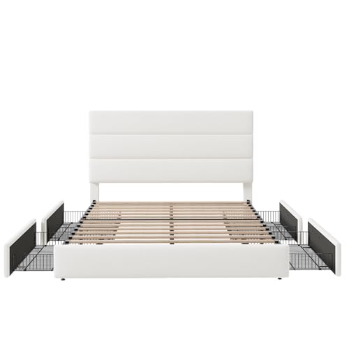Allewie Modern Full Size Platform Bed Frame with 4 Storage Drawers and Velvet Upholstered Headboard, Wooden Slats Support, Upholstered Mattress Foundation/No Box Spring Needed/Easy Assembly, White Allewie