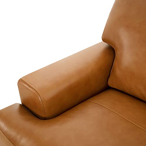 Naomi Home Siggy Genuine Leather Sofa - Luxurious Comfort, Goose Feather Cushion Filling, Square Arm Design, Sturdy Block Legs, Elegant Tan - Ideal for Living Room, Office, or Bedroom Naomi Home