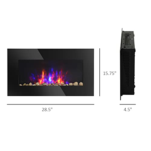 HOMCOM 29" Electric Fireplace, Wall Mounted Fireplace with 7 Adjustable LED Flame Colors, Remote Control, Fireplace Heater for Living Room, 1450W, Black HOMCOM
