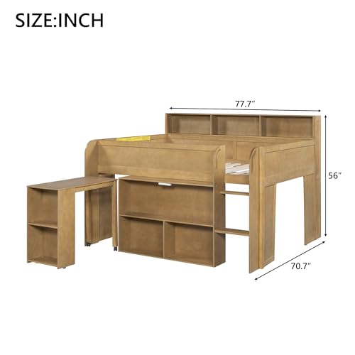 SOFTSEA Full Size Low Loft Bed with Desk & Storage, Solid Wood Kids Loft Bed with Portable Desk, Storage Bookshelves & LED Lights for Kids Juniors Boys Girls, Walnut SOFTSEA
