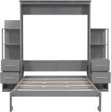 Queen Murphy Bed with Storage Drawers,LED Lights and Shelves,Wood Murphy Wall Bed Cabinet for Adults (Grey) MERITLINE