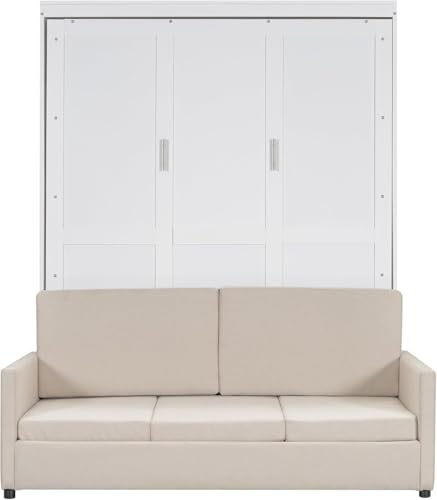 Virubi Queen Murphy Bed with Couch,Wood Folding Murphy Wall Bed Cabinet with Sofa (White,Queen) Virubi