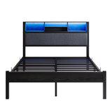 Crocofair Full Size Bed Frame with Charging Station and LED Lights,Upholstered Headboard with Storage Shelves, Metal Platform Bed Frame, Noise Free, No Box Spring Needed,Easy Assembly,Black Crocofair
