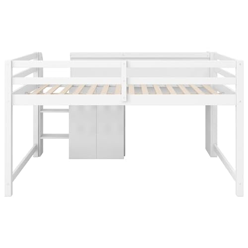 Merax Full Size Low Loft Bed with Built-in Desk,Storage Cabinets and Open Bookcase,Whiteboard for Graffiti,White Merax