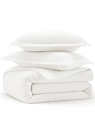 Bedsure Cotton Duvet Cover Queen - 100% Cotton Waffle Weave Coconut White Duvet Cover Queen Size, GentleSoft™ and Breathable Bedding Set for All Season, 3 Pieces, 90"x90" Bedsure