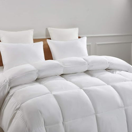Serta Goose Feather Down Fiber Cotton Comforter Twin Size - 100% Cotton Duvet Insert - Hotel Luxury Hypoallergenic Bedding Comforter All Season Medium Warmth 68 x 90 Inch White Serta