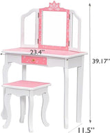 GAOMON Kids Vanity, Girls Vanity Table with Tri-Folding Mirror,Stool & Drawer, 2 in 1 Wooden Princess Makeup Desk Dressing Table, Toddler GAOMON