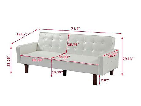 Zaboro Futon Sofa Bed, Convertible Sleeper Sofa, Loveseat Couch PU Leather Sofabed with Wooden Legs for Small Spaces Room Home Office Hotel with Adjustable Backrest, Reclining (White) Zaboro