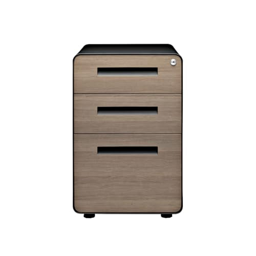 Laura Davidson Furniture Stockpile 3 Drawer File Cabinet with Lock - Under Office Desk Metal Filing Cabinet, Legal/Letter File Folders, Wheels and Stationary Feet, Pre-Assembled, Black/Wood Laura Davidson Furniture