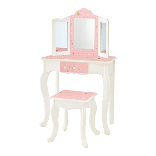 Teamson Kids Princess Gisele Twinkle Star Print 2-Piece Kids Wooden Play Vanity Set with Vanity Table, Tri-Fold Mirror, Storage Drawer, and Matching Teamson Kids