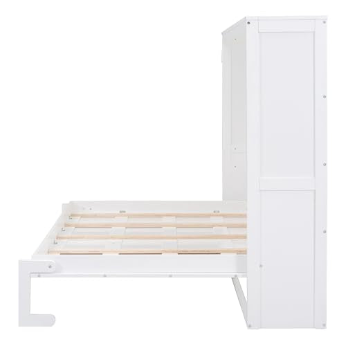 Merax Full Size Murphy Bed, Wood Hidden Foldable Wall Bed Frame w/Gas Struts, Storage Bed Cabinet for Bedroom, Office, Space-Saving, No Box Spring Needed, White Merax