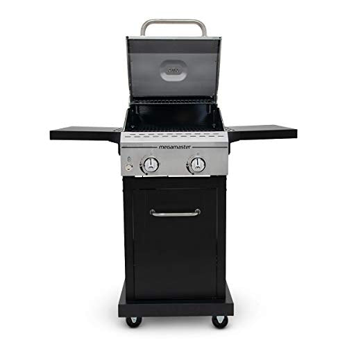 Megamaster 2-Burner Propane Barbecue Gas Grill with Foldable Side Tables, Perfect for Camping, Outdoor Cooking, Patio, Garden Barbecue Grill, 28000 BTUs, Silver and Black, 720-0864MA