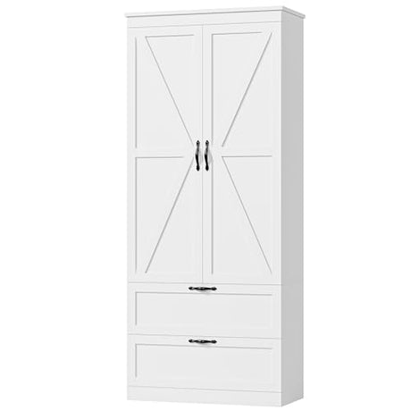 HOSTACK 70" Tall Kitchen Pantry Storage Cabinet, Barn Doors Pantry Cabinet with Drawers and Adjustable Shelf, Modern Farmhouse Storage Cabinet for Kitchen, Dining Room, Living Room, Bathroom, White HOSTACK