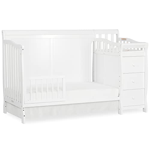 Dream On Me 5-in-1 Brody Full Panel Convertible Crib in White with Changer, Spacious Drawers, Detachable Changing -Table, 1''Changing Pad