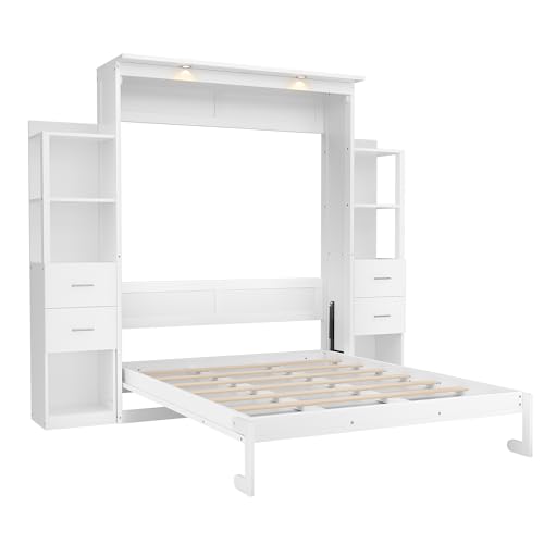 PVWIIK Queen Size Murphy Bed with 4 Drawers and Foldable & Led & Shelf,Foldable PlatformBed Vertical Wall Bedframe for Small Space/Bedroom/Guest Room,White PVWIIK