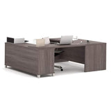 BOWERY HILL U-Shaped Computer Desk, Bark Gray Finish, 1.5" Commercial Grade Work Surface with Melamine, PVC Edge, Square Metal Legs, Adjustable Shelves, Reversible Design, 71.1" W x 89" D, Home BOWERY HILL