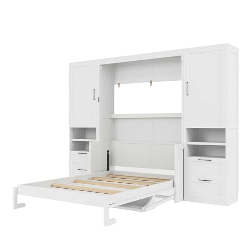 Merax Full Size Murphy Bed with Desk, Multifunctional Foldable Wall Bed with Closet, Drawers and Shelves, Space-Saving Wood Platform Bed Frame for Small Spaces Studio Study Office Guest Room, White Merax