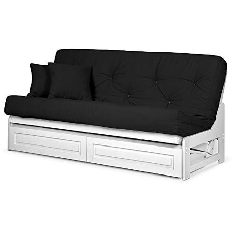 Nirvana Futons Arden White Futon with Storage Drawers Full or Queen Size - Space Saving Armless Design with Comfortable Mattress (Twill Black), Sofa Bed Available in Nirvana Futons