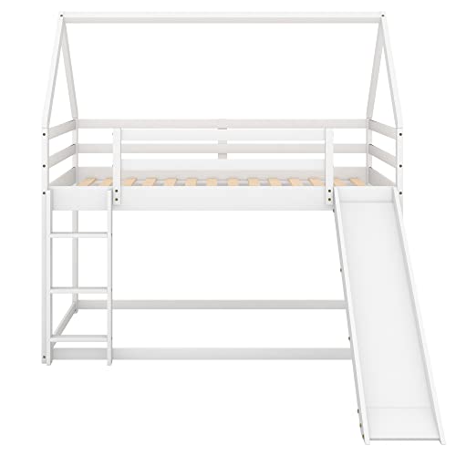 DreamBuck Twin Over Twin House Bunk Bed with Convertible Slide and Safety Guardrail in White - WoodArtSupply