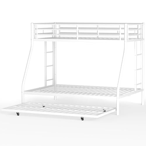 Shintenchi Twin Over Full Size Bunk Bed with Trundle, Heavy-Duty Metal Frame, 2 Ladders & Full-Length Guardrail, Space-Saving Sleep Solution for Kids/Teens/Adults, White Shintenchi