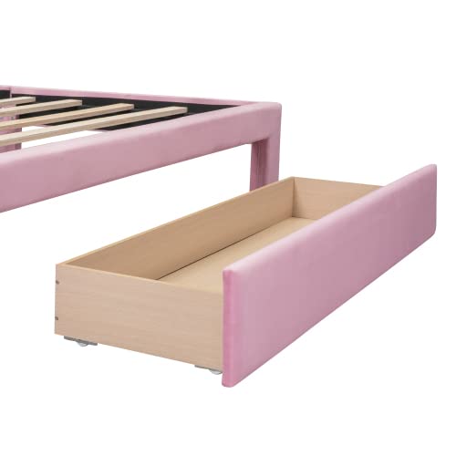 Anwick Queen Size Storage Bed Frame Velvet Upholstered Platform Bed with a Big Drawer, Upholstered Bed Frame with Strong Wooden Slats, No Box Spring Needed, Easy Assembly (Pink, Queen) Anwick