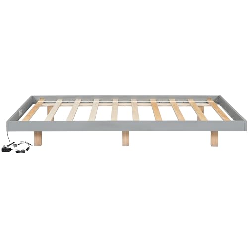 Floating Full-Size Bed Frame with LED Lights in Grey – Modern Low Profile Design with Solid Pine Wood Construction - WoodArtSupply