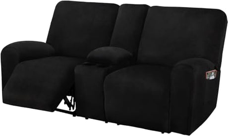 ULTICOR Reclining Loveseat with Middle Console Slipcover, 8-Piece Velvet Stretch Loveseat Reclining Sofa Covers, 2 Thick, Soft, Washable, Covers ONLY (Black) ULTICOR