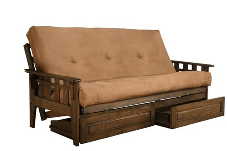 Jerry Sales FutonX Rustic Walnut Frame and Mattress Set with Choice to add Drawers, 8 Inch Innerspring Futon Sofa Bed Full Size Wood (Biege Matt, Frame and Drawers) Jerry Sales
