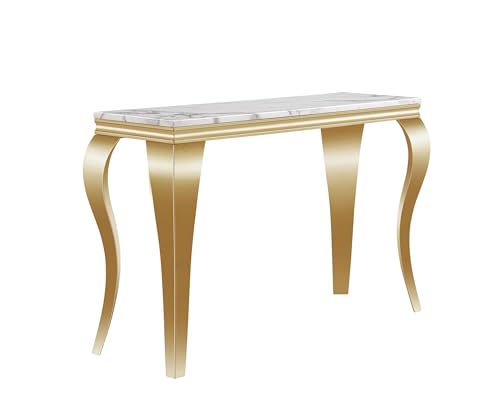 Modern Rectangular White Faux Marble Console Table, 0.71" Thick Faux Marble Top, 4 Stainless Steel Legs with Gold Mirrored Finish for Living Room (White6) ShopBOPP