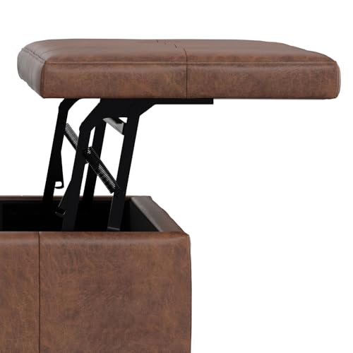 SIMPLIHOME Dover 36 inch Wide Contemporary Square Lift Top Coffee Table Storage Ottoman in Distressed Saddle Brown Vegan Faux Leather, Assembled, for The Living Room, Entryway and Family Room SIMPLIHOME