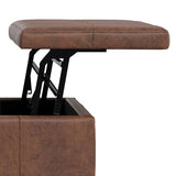 SIMPLIHOME Dover 36 inch Wide Contemporary Square Lift Top Coffee Table Storage Ottoman in Distressed Saddle Brown Vegan Faux Leather, Assembled, for The Living Room, Entryway and Family Room SIMPLIHOME