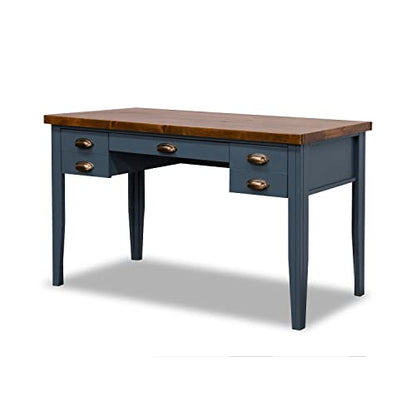 Bridgevine Home Nantucket Modern Farmhouse 3-Drawer Writing Desk, 53 Inches, Fully Assembled, Poplar Solid Wood, Blue Denim and Whiskey Finish - WoodArtSupply