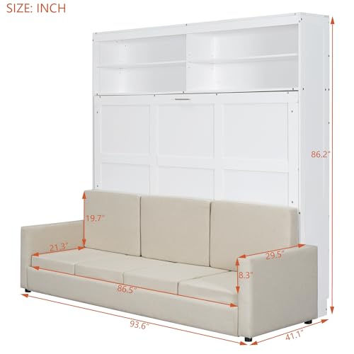 LZ LEISURE ZONE Queen Size Murphy Bed, Wooden Queen Murphy Bed with Sofa, Cushion and Shelves, White LZ LEISURE ZONE