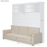 LZ LEISURE ZONE Queen Size Murphy Bed, Wooden Queen Murphy Bed with Sofa, Cushion and Shelves, White LZ LEISURE ZONE