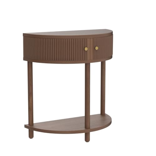 Stead Fluted Half Moon Shaped Console Table - Small Entry Desk - Living Room Furniture - Modern Home Decor - Solid Wood Entryway Table with Two Doors and Brass Knobs (Walnut) Stead