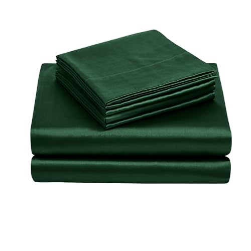 TREELY 4 Piece Satin Sheets Twin Size - Silky Smooth Blackish Green Sheet Set with Deep Pocket, Fitted Sheet, Flat Sheet, 2 Pillowcases TREELY