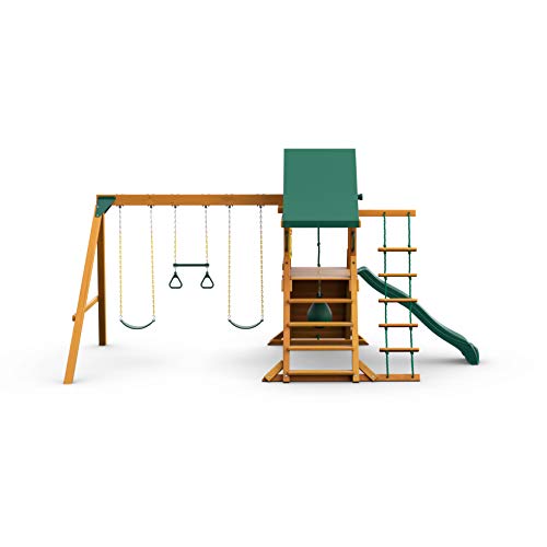 Gorilla Playsets 01-1059-AP High Point Wood Swing Set with Green Vinyl Canopy, Two Swings, Rock Climbing Wall, Slide, Amber - WoodArtSupply