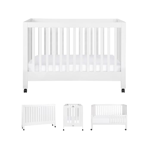 Babyletto Maki 2-in-1 Baby Crib Convertible to Toddler Bed - GREENGUARD Gold Certified Portable Folding Wood Crib w/ Toddler Conversion Kit - 4 Adjustable Heights, Easy to Assemble - White