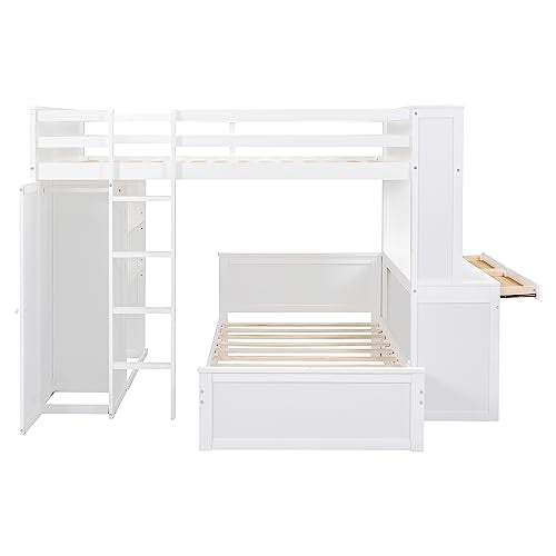Full Over Twin Bunk Beds with Desk and Drawers , Wooden Full Size Loft Bed with Removable Twin Bed , Wardrobe and Shelves , Storage Bunk Bed with Ladder & Guardrails for Kids Girls Boys , White Harper & Bright Designs