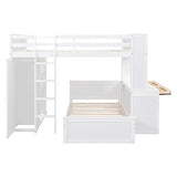 Full Over Twin Bunk Beds with Desk and Drawers , Wooden Full Size Loft Bed with Removable Twin Bed , Wardrobe and Shelves , Storage Bunk Bed with Ladder & Guardrails for Kids Girls Boys , White Harper & Bright Designs