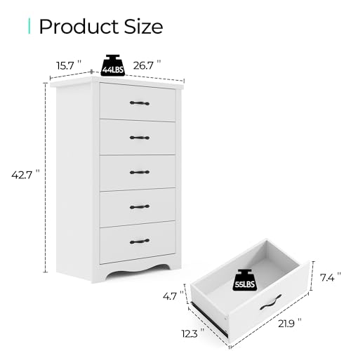 LINSY HOME White 5-Drawer Dresser - Modern Bedroom Chest with Wide Drawers, Wood Storage Organizer for Bedroom or Living Room LINSY HOME