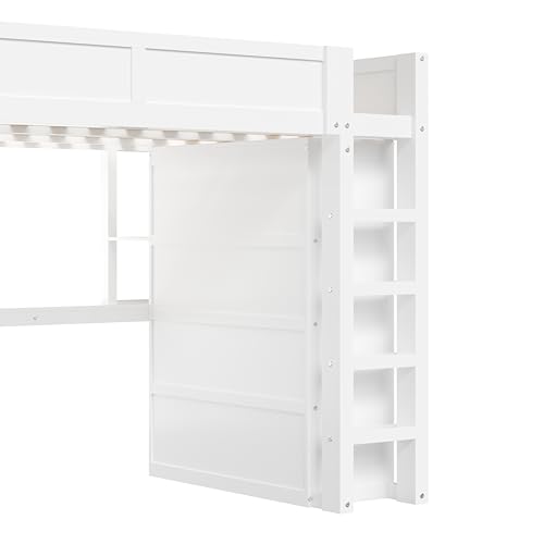 CKLMMC Wooden Queen Loft Bed with Desk, Headboard with Storage and USB, Space-Saving Modern Design for Small Rooms (White-Q1) CKLMMC